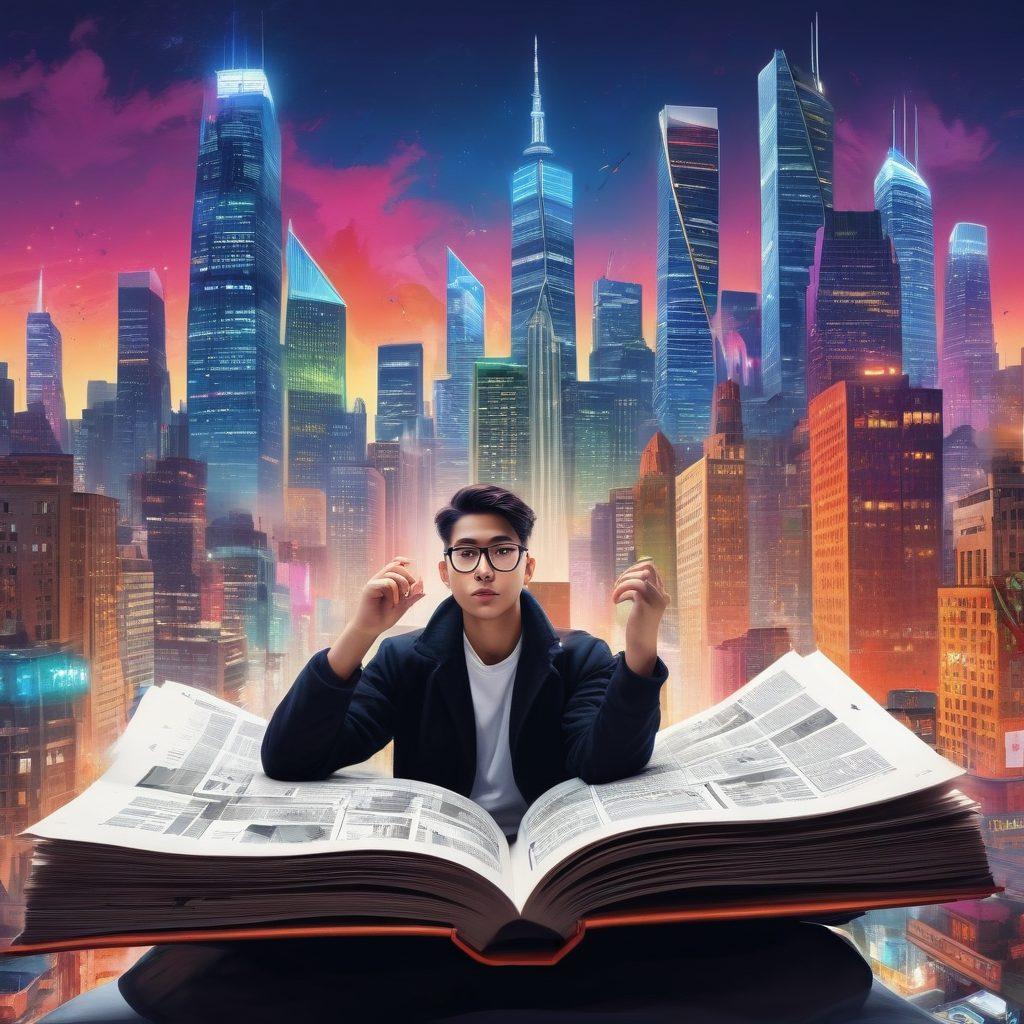 A juxtaposition of a vibrant city skyline representing modern finance, with a central figure reading an oversized open book that displays NSFW-themed illustrations blending into financial graphs and charts. Surround the scene with playful, stylized characters engaging in discussions about money and investments, set against a colorful graffiti backdrop. Create an intriguing contrast between the playful and the serious to emphasize the blog's theme. super-realistic. vibrant colors. urban art style.