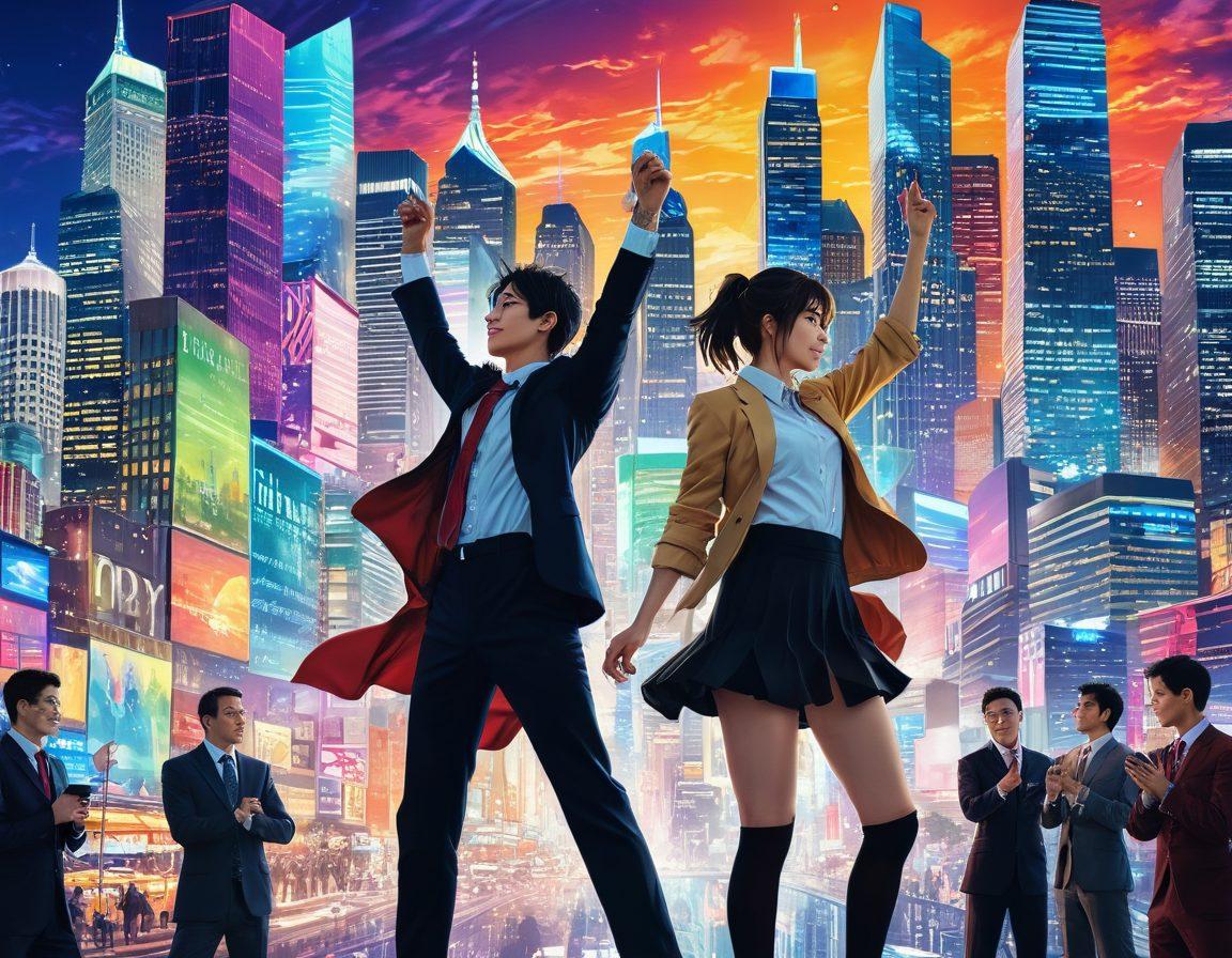 A dynamic collage blending scenes of adult anime characters in vibrant, engaging poses with elements of finance like coins, stock graphs, and money management tools. The background showcases a colorful city skyline, symbolizing ambition and prosperity, while incorporating playful, whimsical anime details. The characters should express empowerment and confidence, highlighting the relationship between personal finance and adult themes. super-realistic. vibrant colors. energetic composition.
