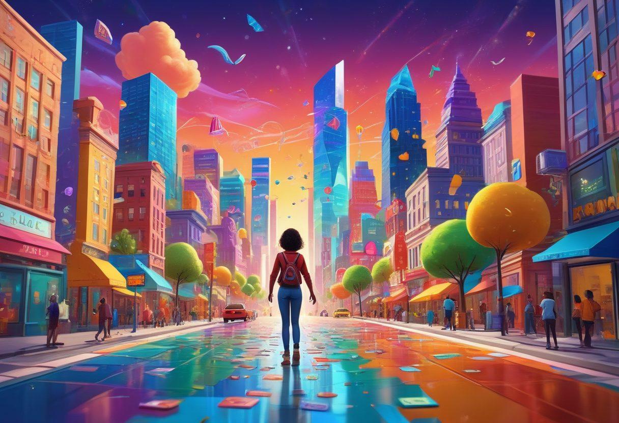 A whimsical scene depicting an animated character joyfully navigating a digital landscape filled with playful and colorful icons representing financial choices and adult content themes. The character, embodying empowerment, interacts with animated graphs, dollar bills, and playful symbols, all set against a backdrop of a vibrant cityscape. The overall vibe should be uplifting and educational. cartoon style. vibrant colors. 3D.